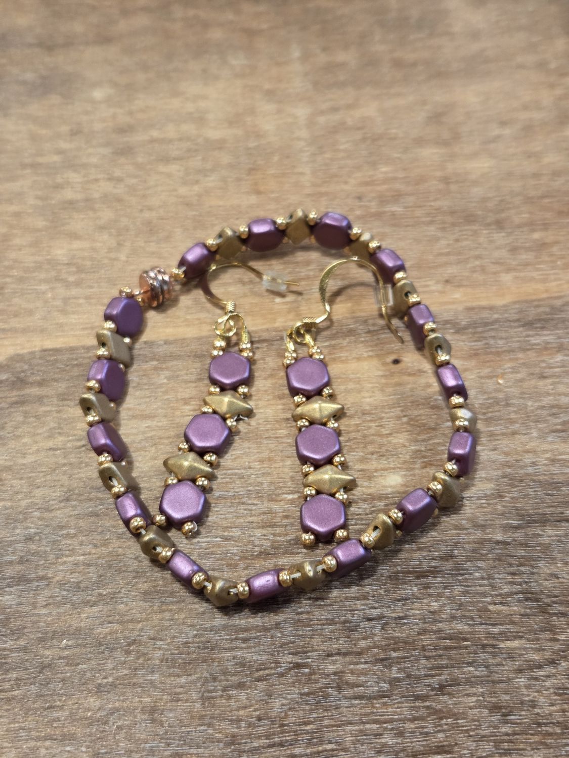 Boerman Bracelet Earring Set Purple Hexagons &amp; Gold Diamonds