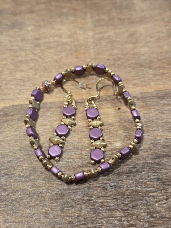 Boerman Bracelet Earring Set Purple Hexagons &amp; Gold Diamonds