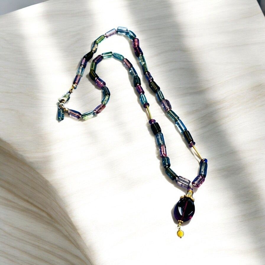 Stranded Necklace Multi Colored Tourmaline Tube and Tourmaline Pendant