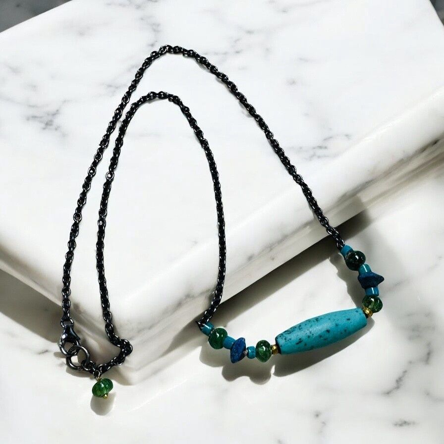 Stranded Necklace Turquoise Center Bead, Lapis on Oxidized Silver Chain