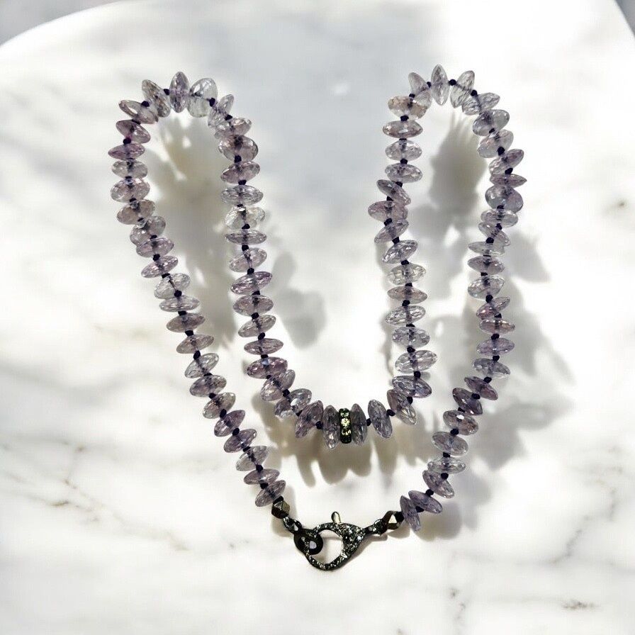 Stranded Necklace Pink Amethyst with Pave Diamond Clasp and Pave Peridot Roundel