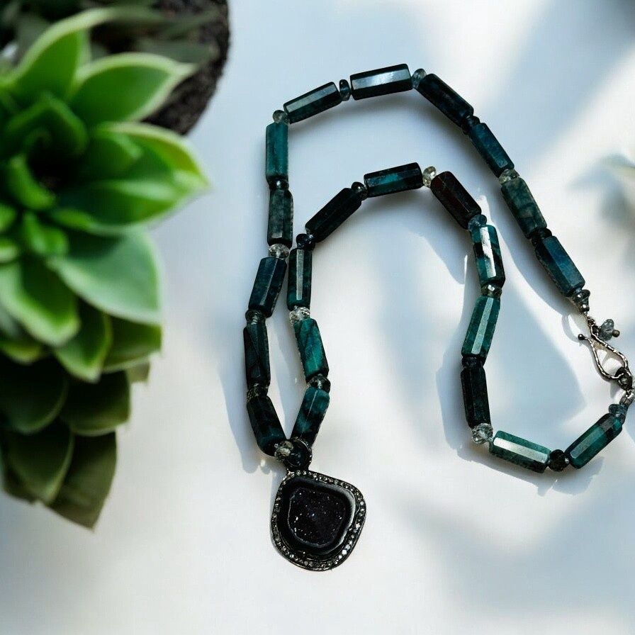 Stranded Necklace Chrysocolla Faceted Tubes Geod Pendant with Pave Diamonds