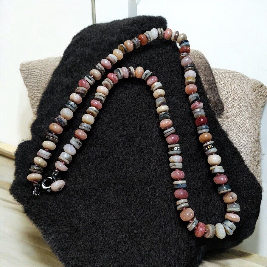 Stranded Necklace Pink Opal with Heishi Ethiopian Opal