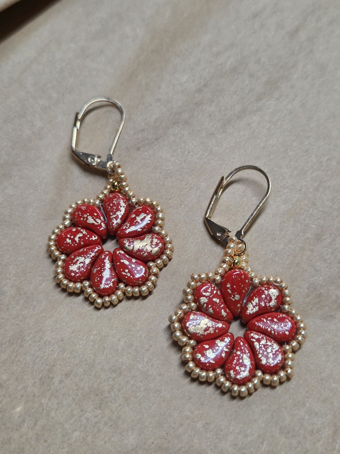 Boerman Earrings Red &amp; Gold Paisely Flower