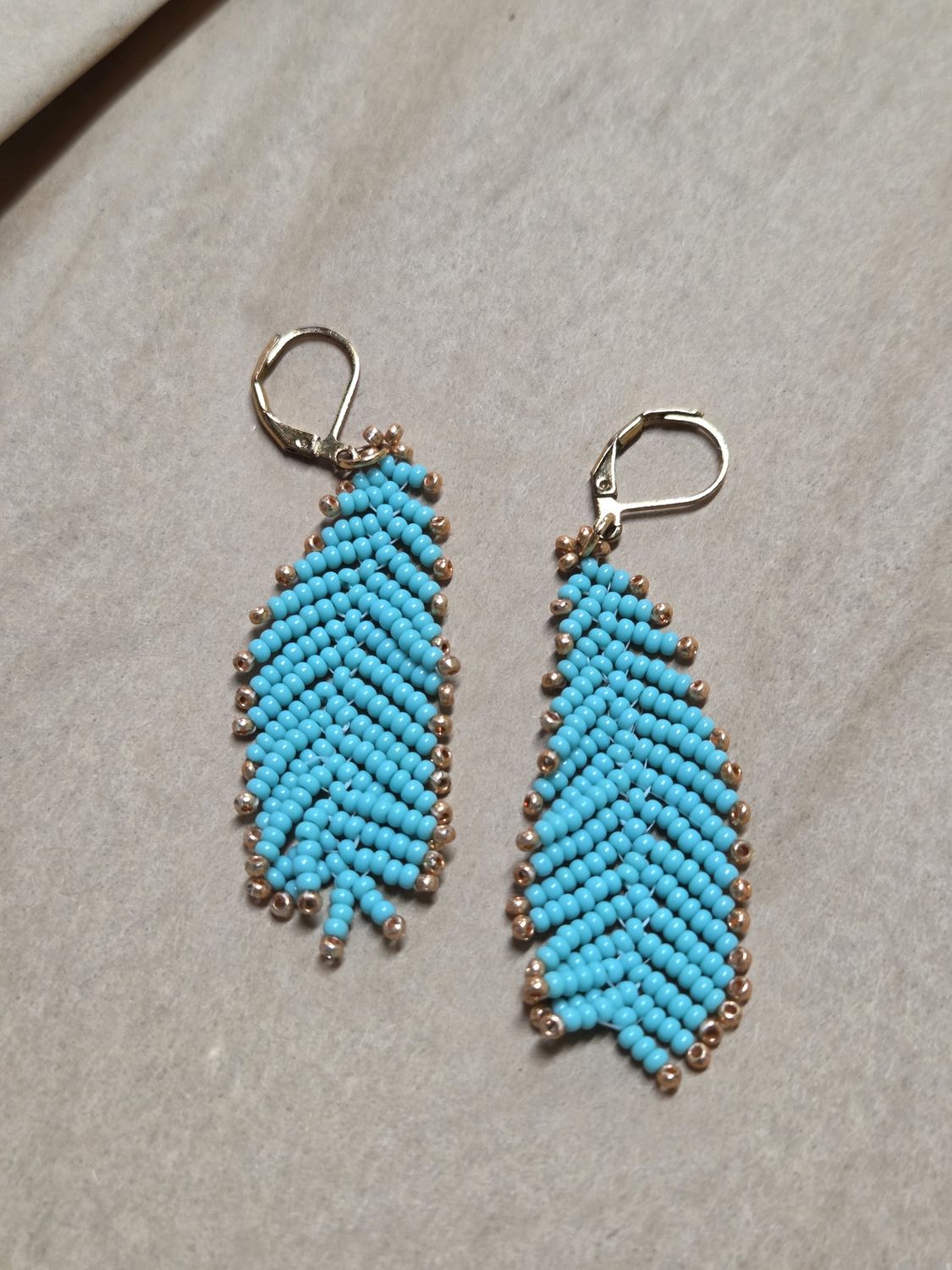 Boerman Earrings Beaded Teal &amp; Gold Feathers