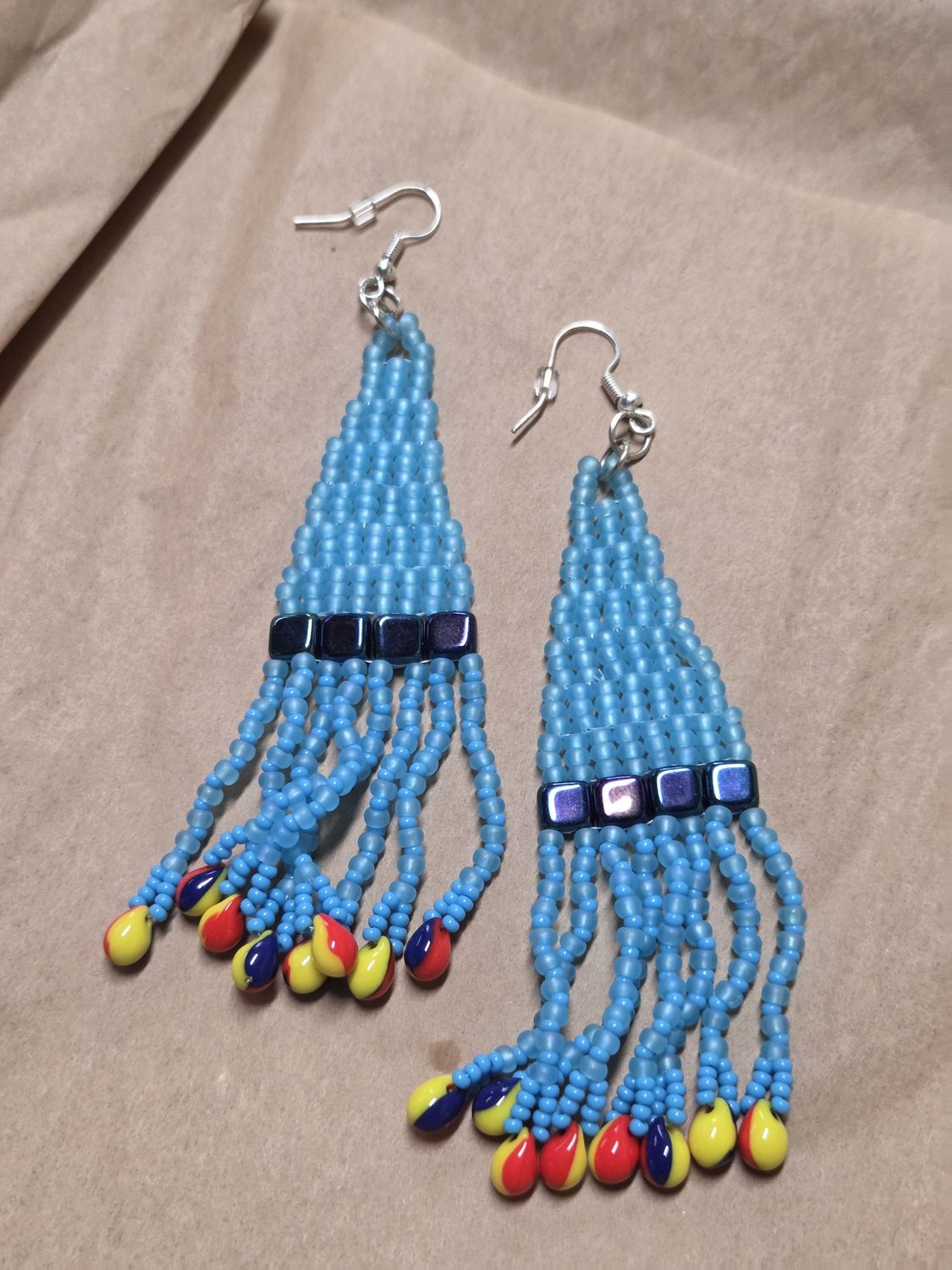 Boerman Earring Blue Triangle Fringe w/ Red/Yellow/Blue Drops