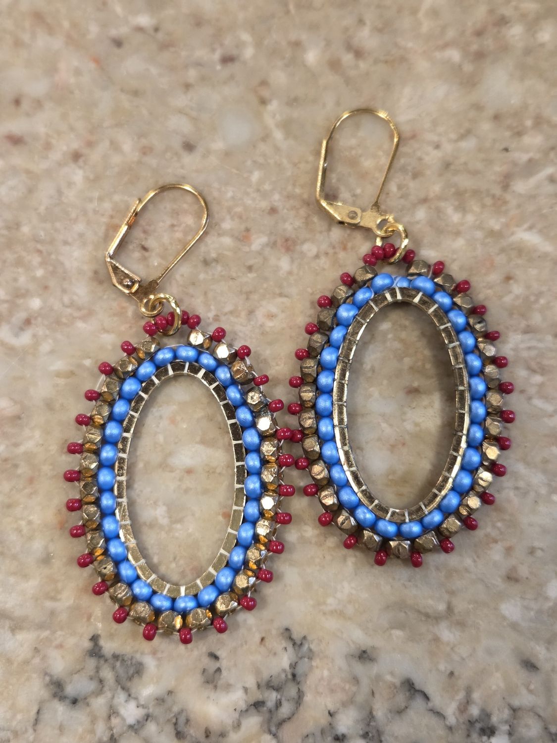 Boerman Earrings Brick Stitch Oval in Blue Gold Red