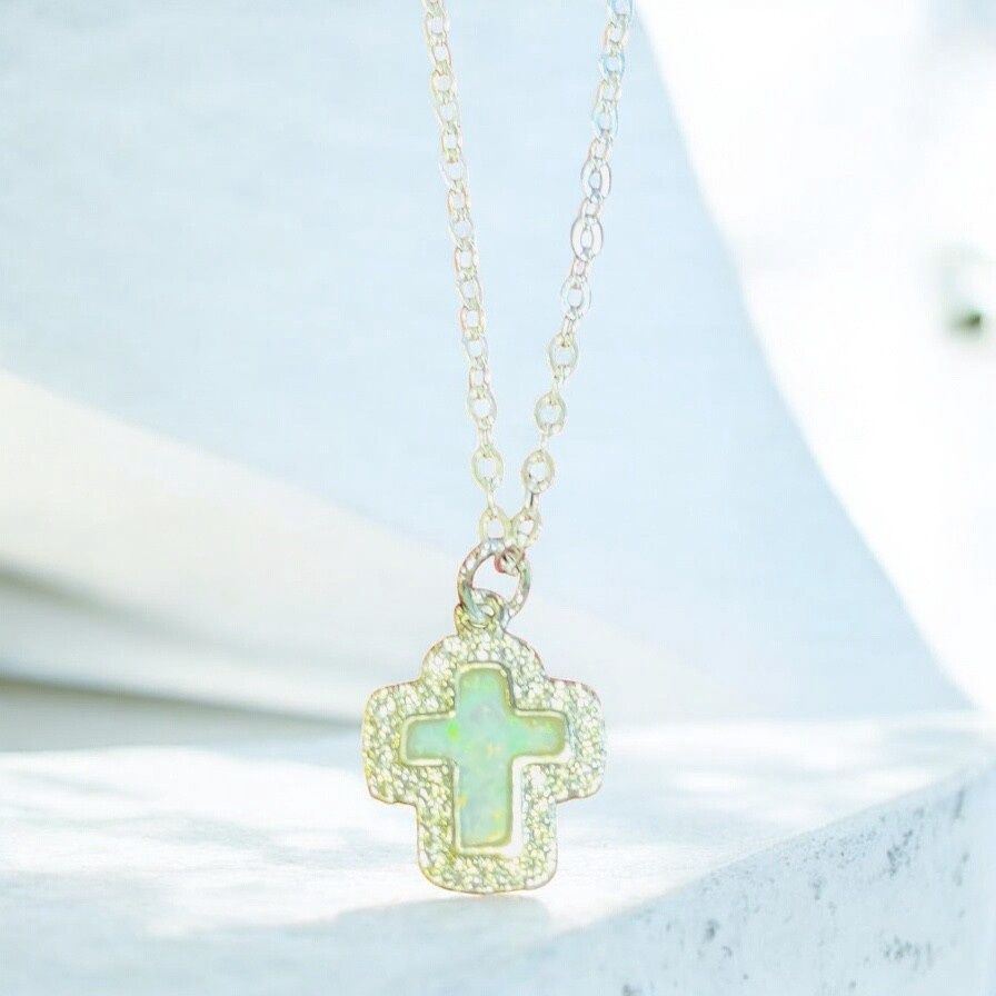 Kalli Necklace Silver Tone Cross Mother Of Pearl and Rhinestones