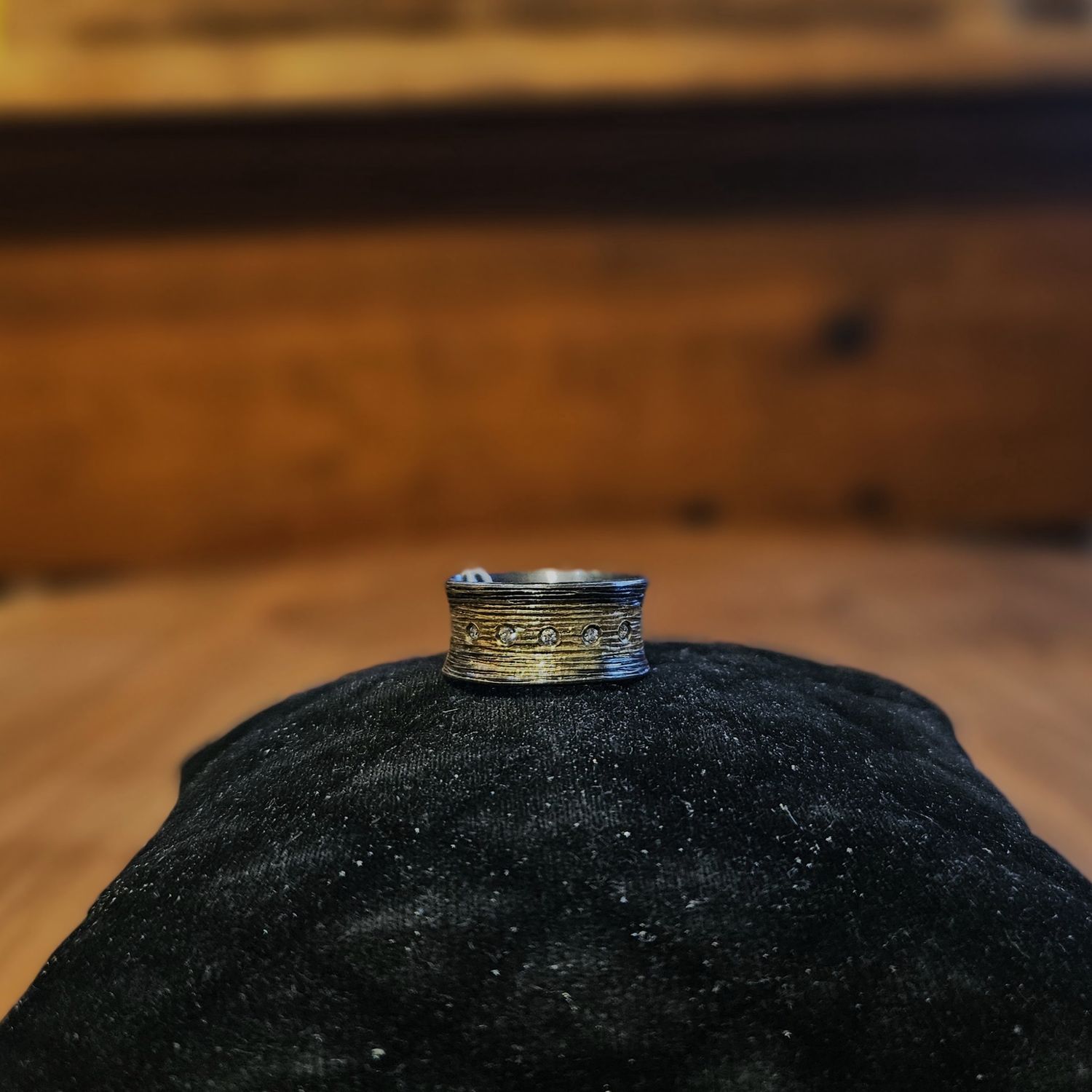 Keleher Ring Black and Gold 3/8&quot; Cigar Band White Diamonds