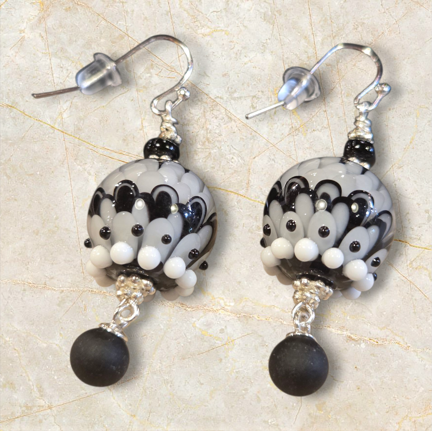 Whitney Earring Black and White Lampwork Orbs