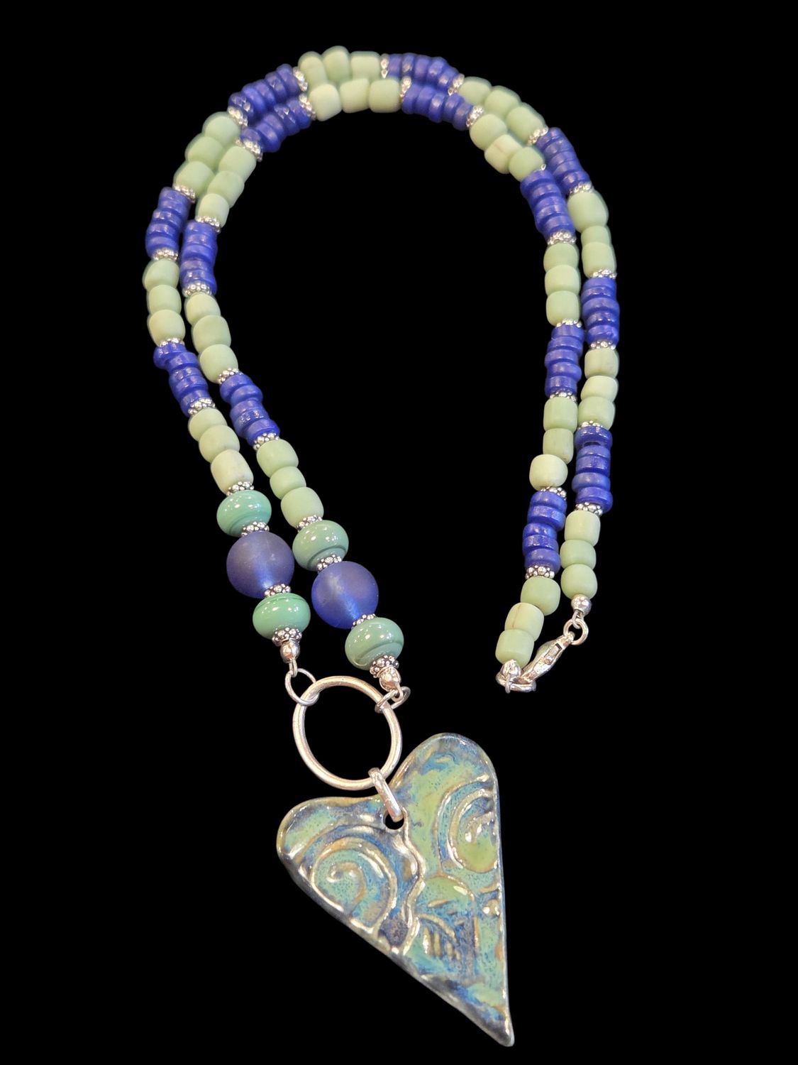 Whitney Necklace Blue Lampwork, Green African Glass, Heart Ceramic Pendant