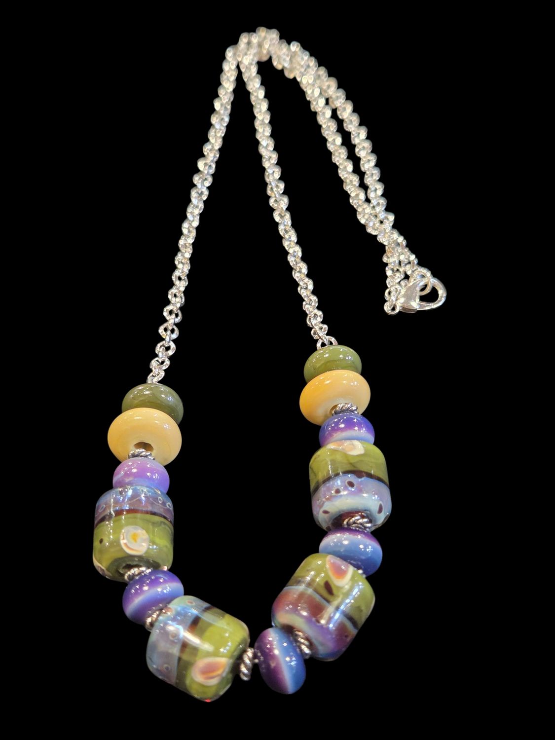 Whitney Necklace Purple, Green, Yellow Lampwork