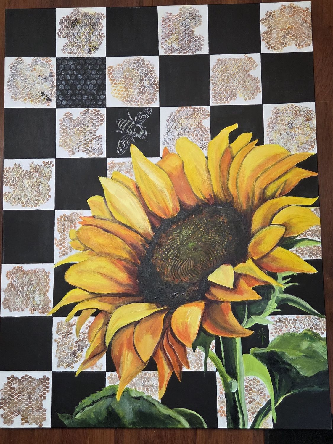 Traugott Acrylic on Canvas &quot;Sunflower and Bee&quot;