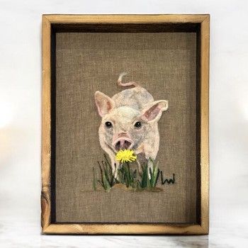 Wright Framed Felted Piglet with Dandelion Flower