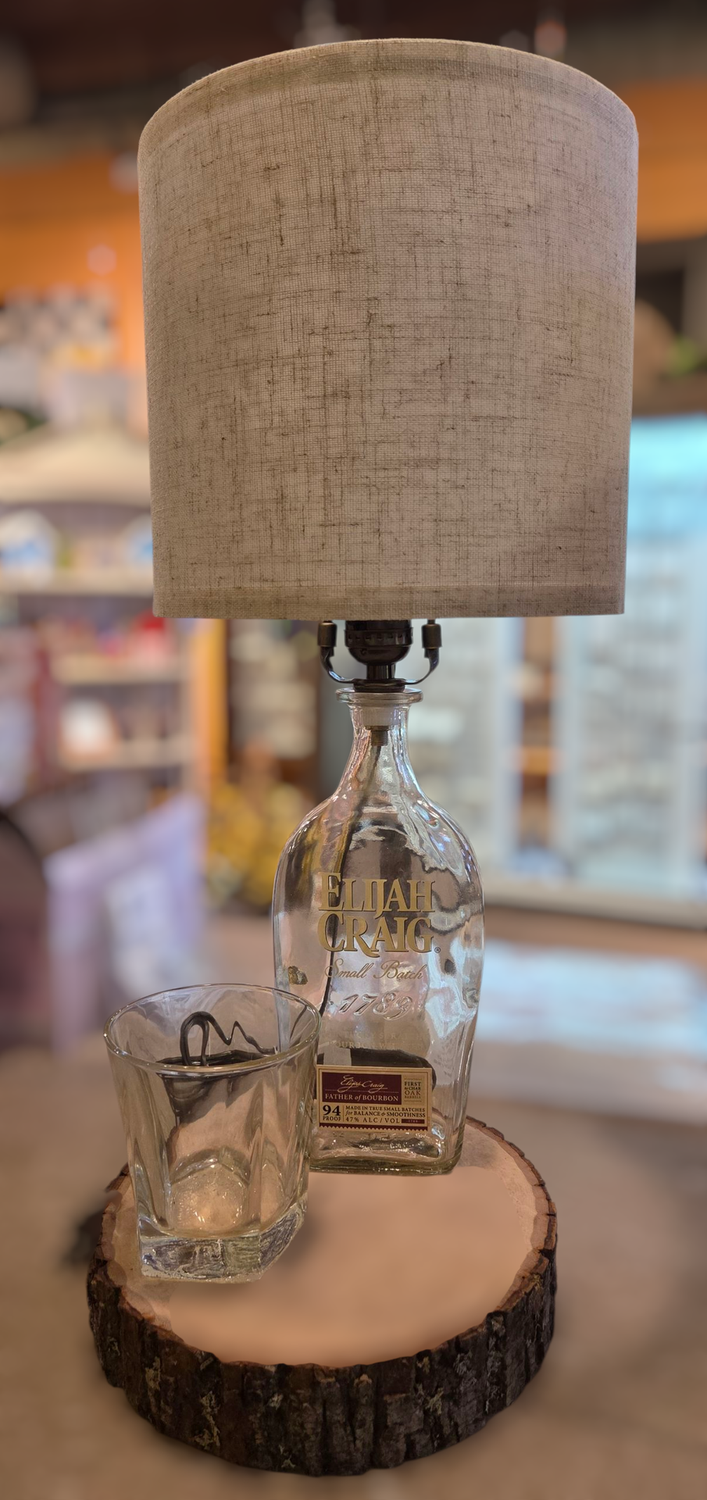 Muntz Bourbon Bottle + Glass Lamp on Wood Base