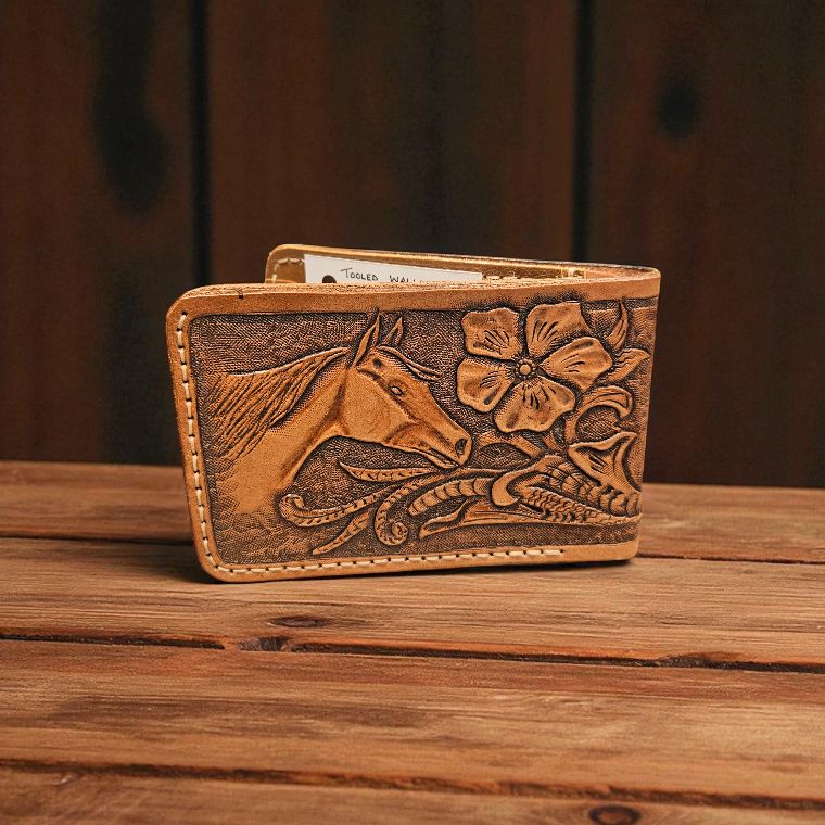 Penrod Leather Tooled Wallet Horse Design