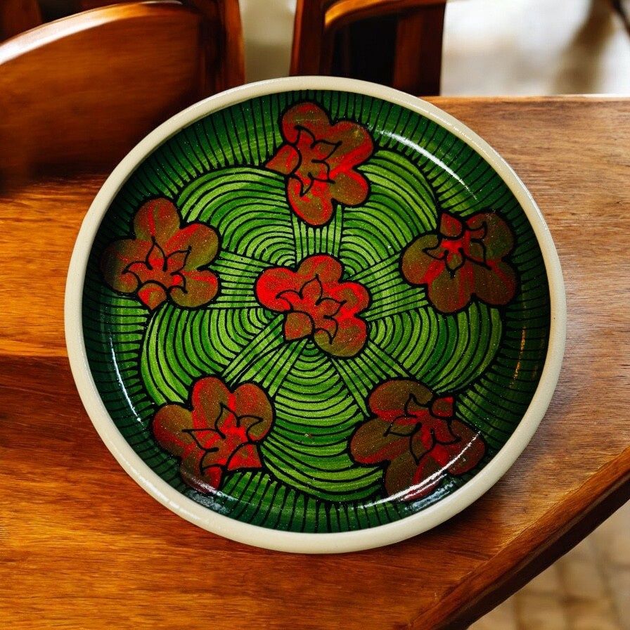 Okechukwu Large Shallow Bowl Orange and Green Ankara