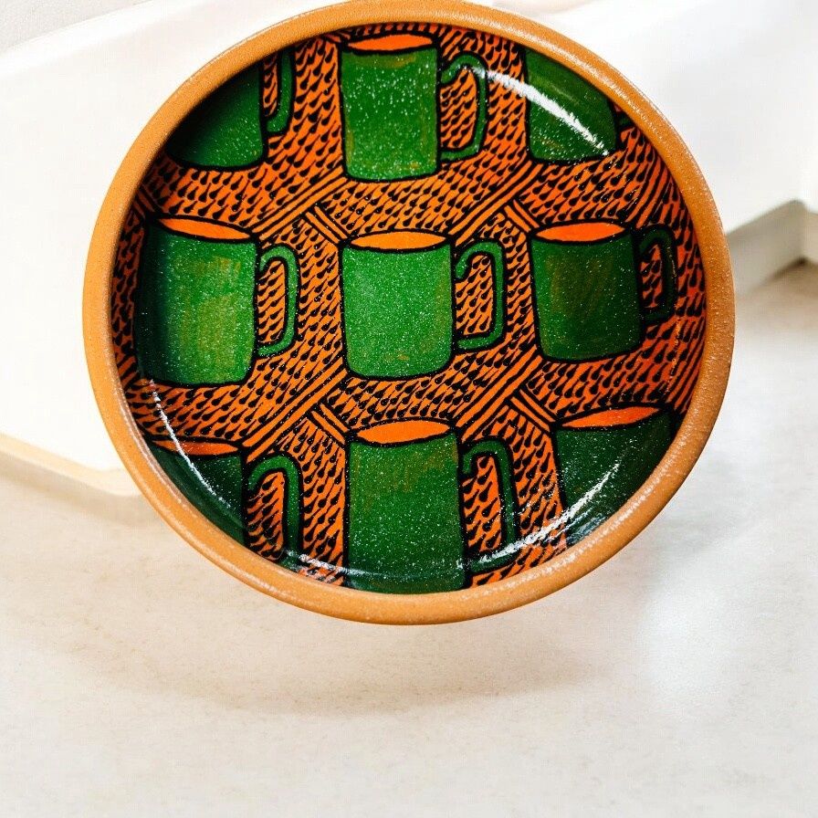 Okechukwu Large Shallow Bowl, Orange with Green Mugs