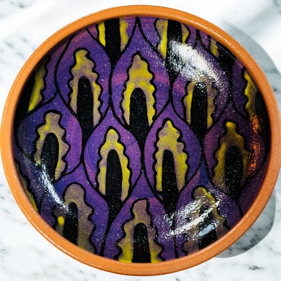 Okechukwu Large Shallow Bowl Avacado Pattern  Purple and Chartreuse