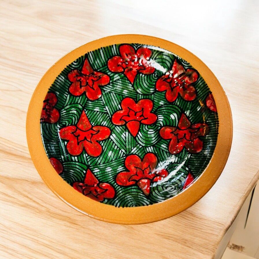 Okechukwu Large Plate Red Flowers on Green