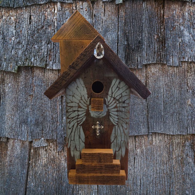 Rivers Birdhouse Gray Church with Stenciled Blue Angel Wings
