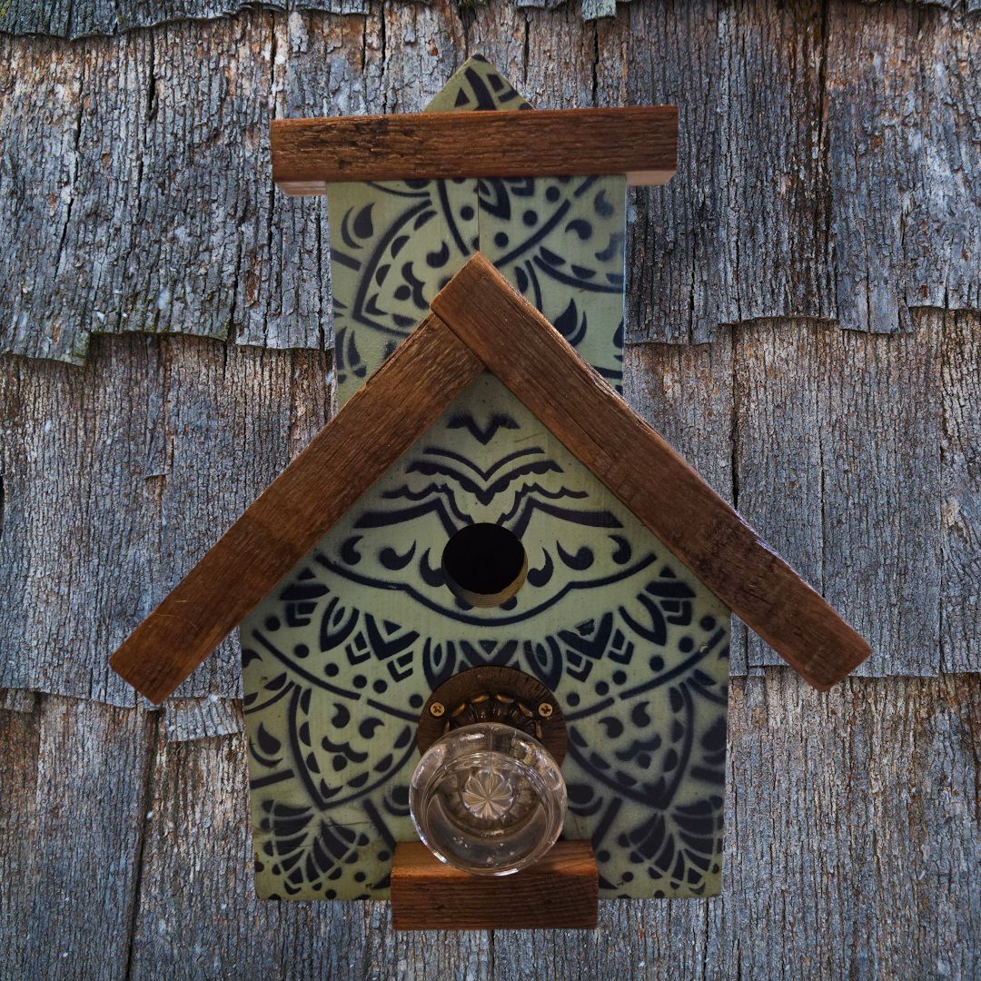 Rivers Birdhouse Teal with Blue Stenciled Geomtric Pattern and Glass Door Knob Perch