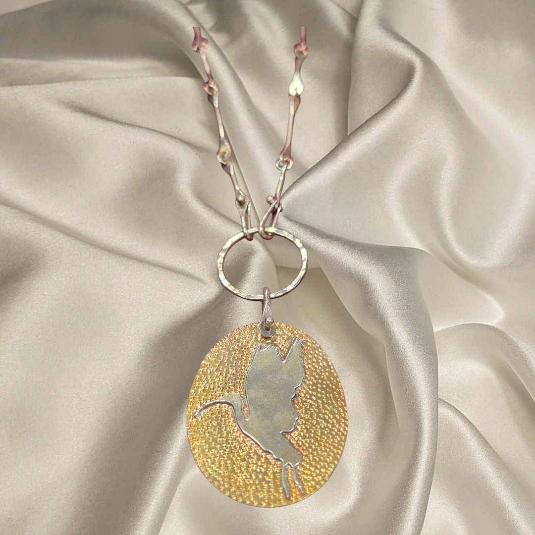Gonzales Necklace Sterling Silver with Hammered Brass Pendent- Ibis Silhouette