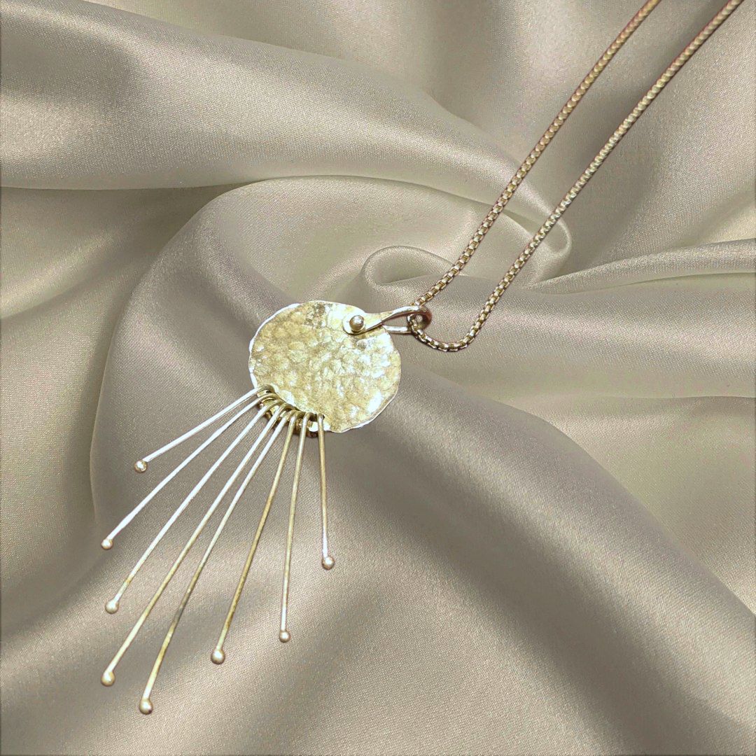 Gonzales Necklace Small Round Hammered Sterling Pendent with Fine Sterling Threads