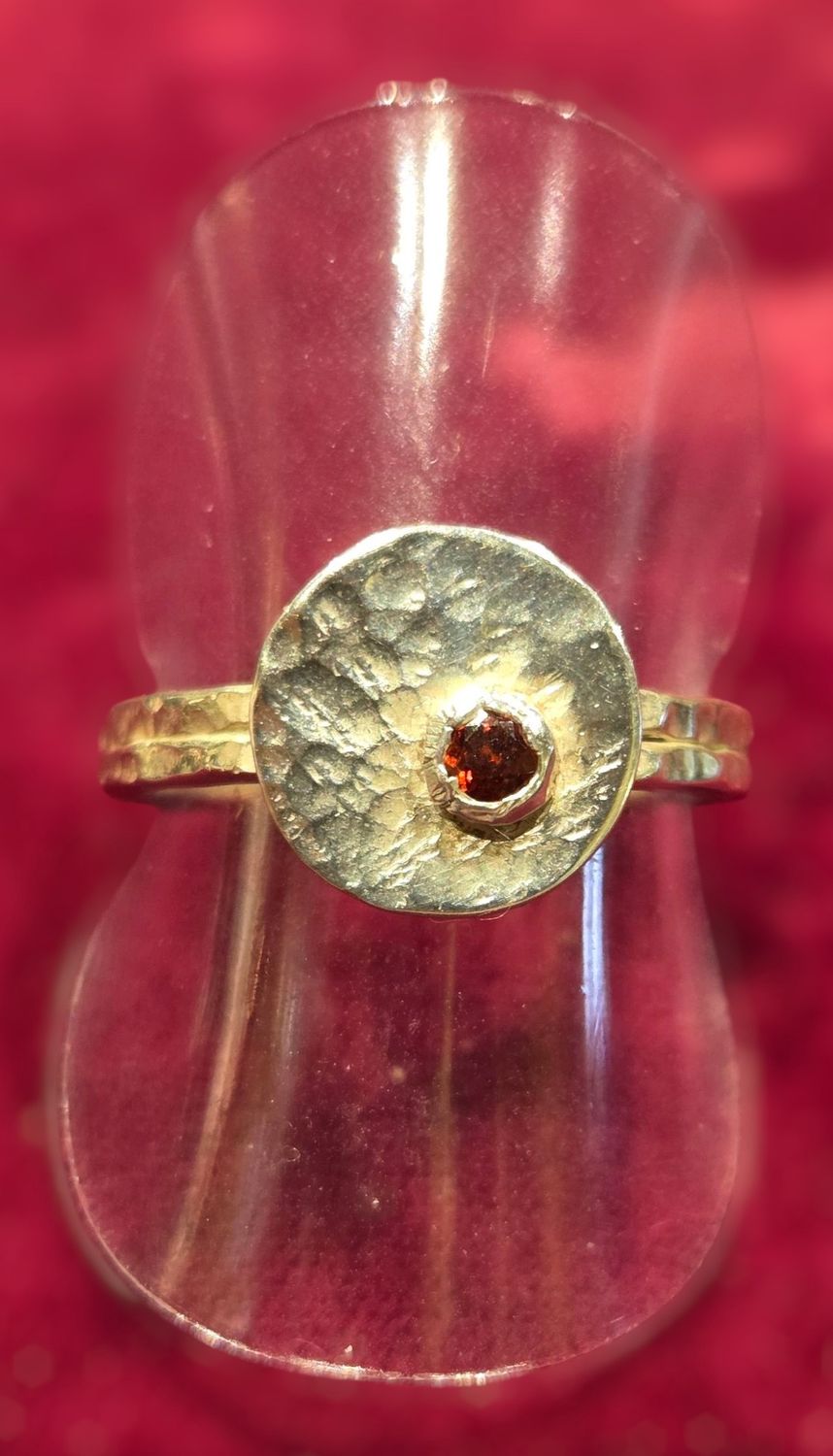 Gonzales Ring Hammered Sterling Silver Disc with Bezel Set Garnet
