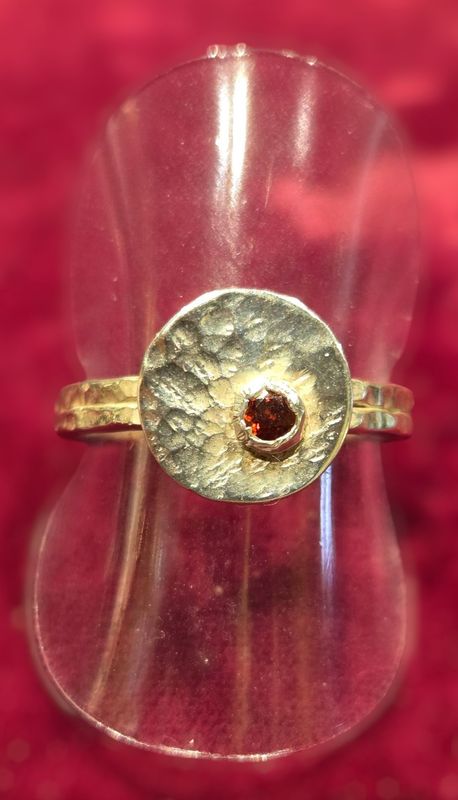 Gonzales Ring Hammered Sterling Silver Disc with Bezel Set Garnet