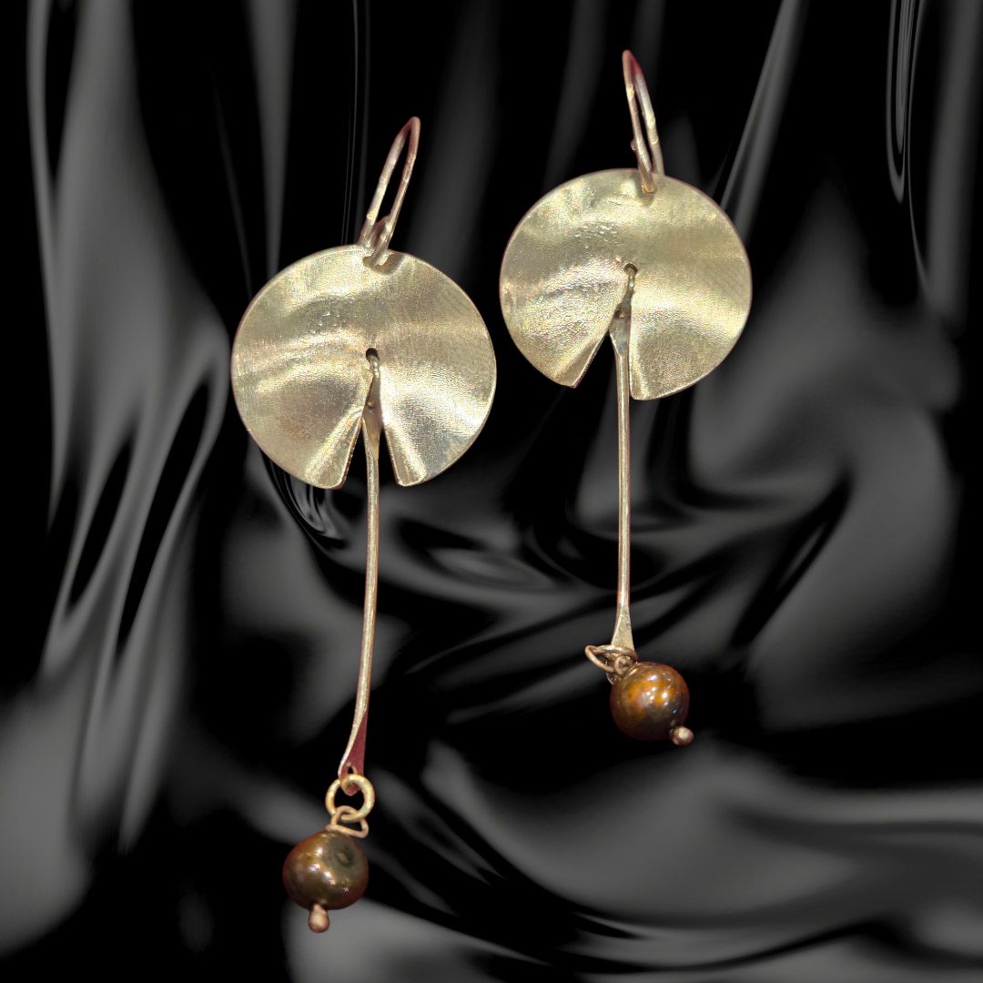 Gonzales Earring Dangles Sterling Silver Arcs with Thin Silver Threads and Brown Freshwater Pearls