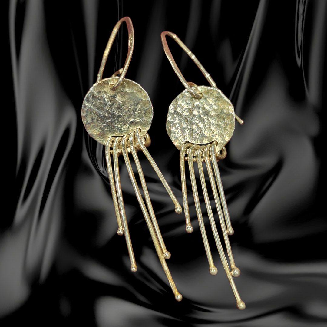 Gonzales Earring Dangle Hammered Sterling Silver Disk with Thin Silver Threads
