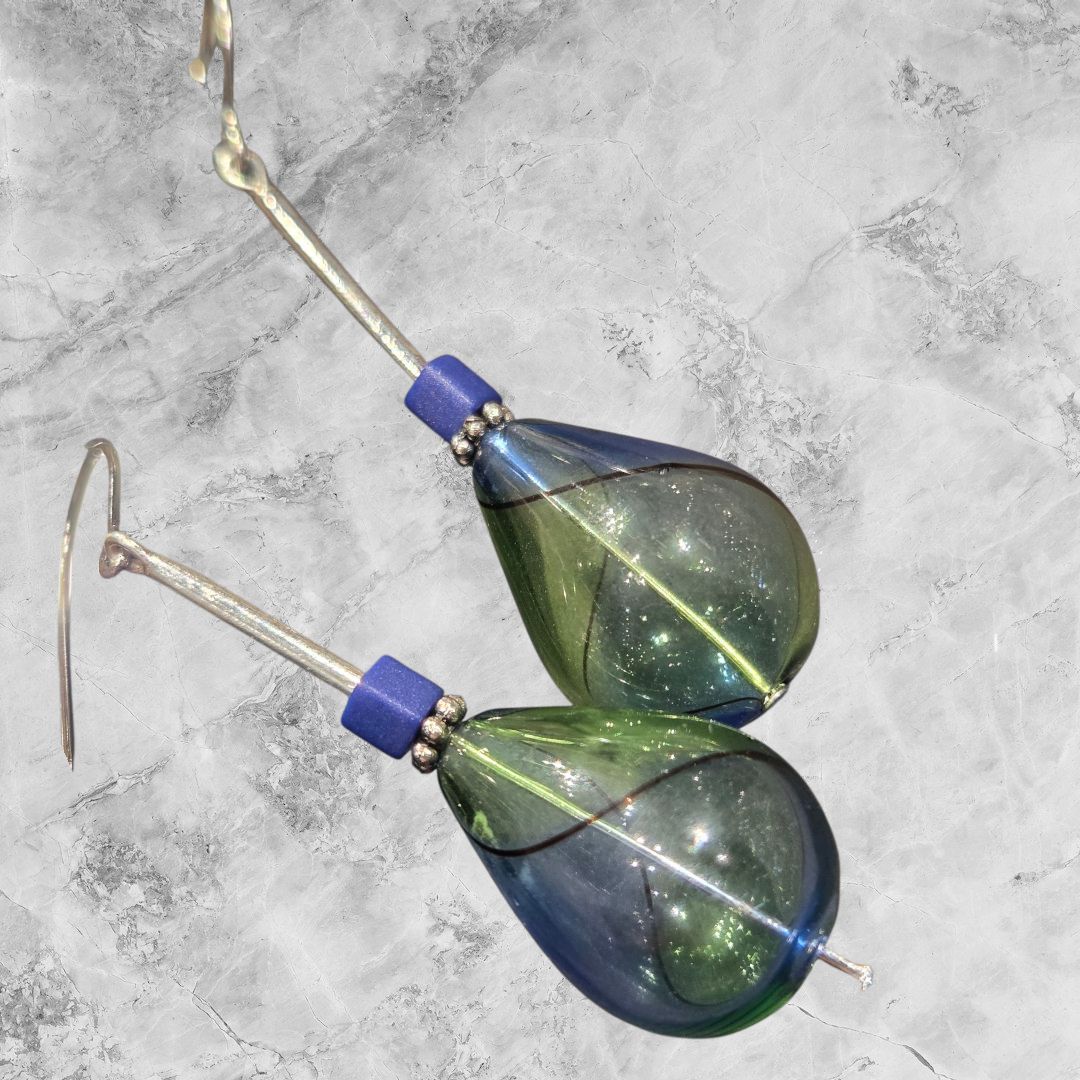 Tsay Earring Glass Blue and Green Swirled Teardrop on Surgical Steel Ear Wire