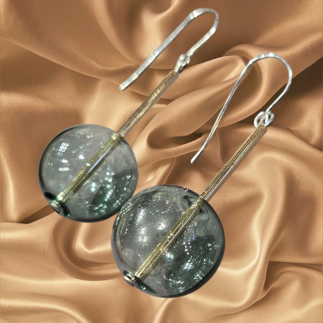 Tsay Earring Glass Green Sphere on Gold Tube with Surgical Steel Ear Wire
