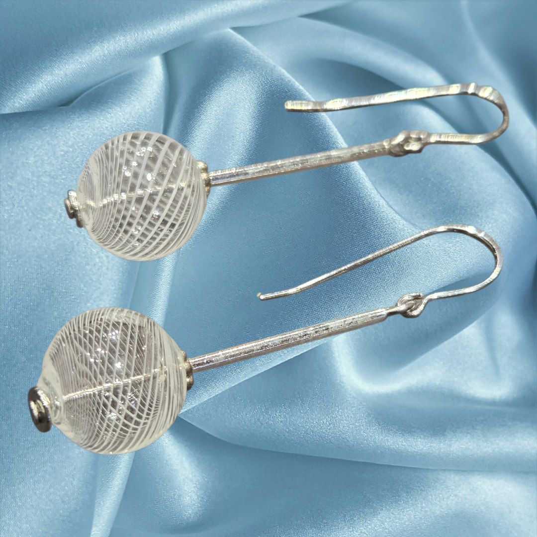 Tsay Earring Glass White Swirl Sphere on Silver Tube