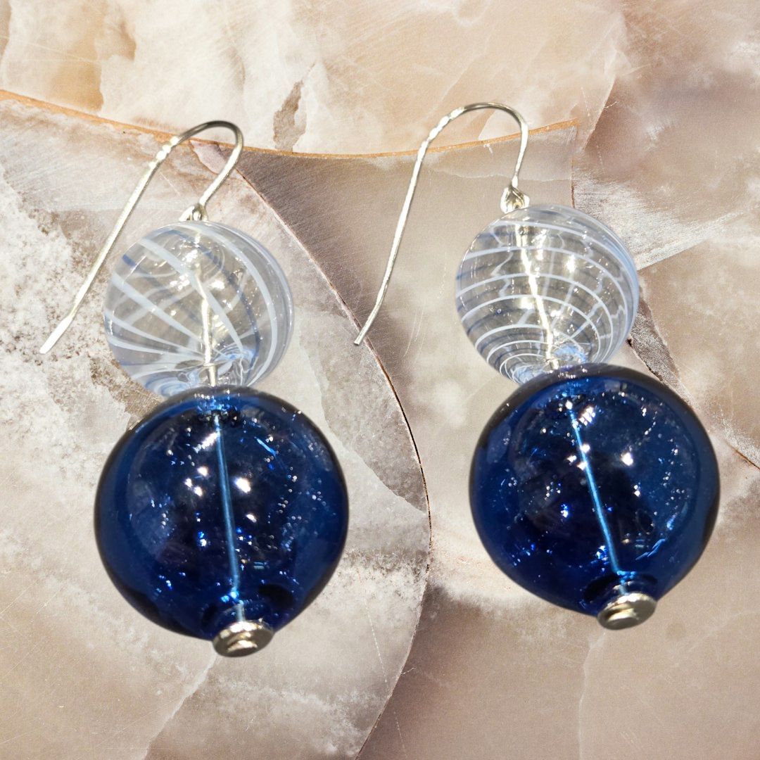 Tsay Earring Glass Stacked Blue Spheres on Surgical  Steel Ear Wire