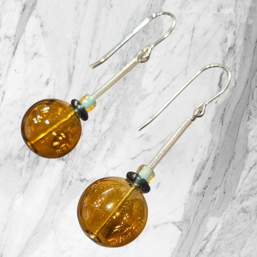 Tsay Earring Glass Amber with Green and Blue Beads on Silver Tube with Surgical Ear Wires