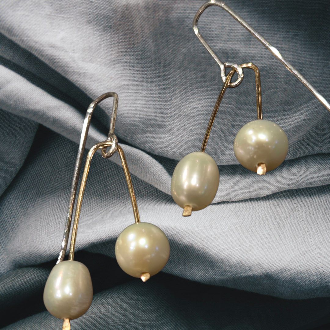 Tsay Earring Twin Pearls on Gold Wire with Surigcal Ear Wires