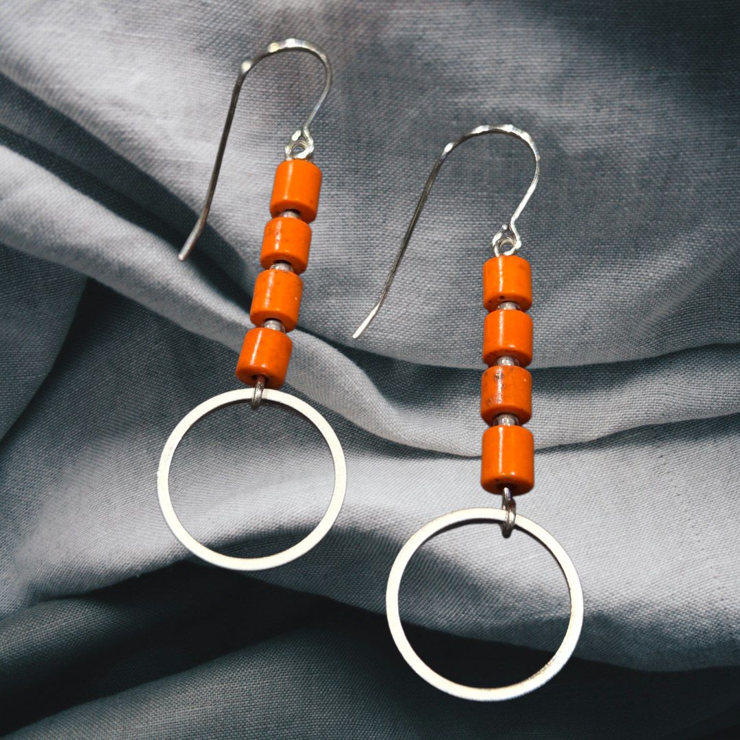 Tsay Earring Orange Stones with Silver Ring on Surgical Ear Wire