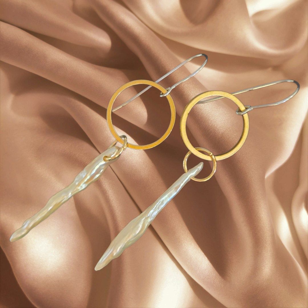 Tsay Earring Pearl Wands on Gold Ring with Surgical Ear Wires