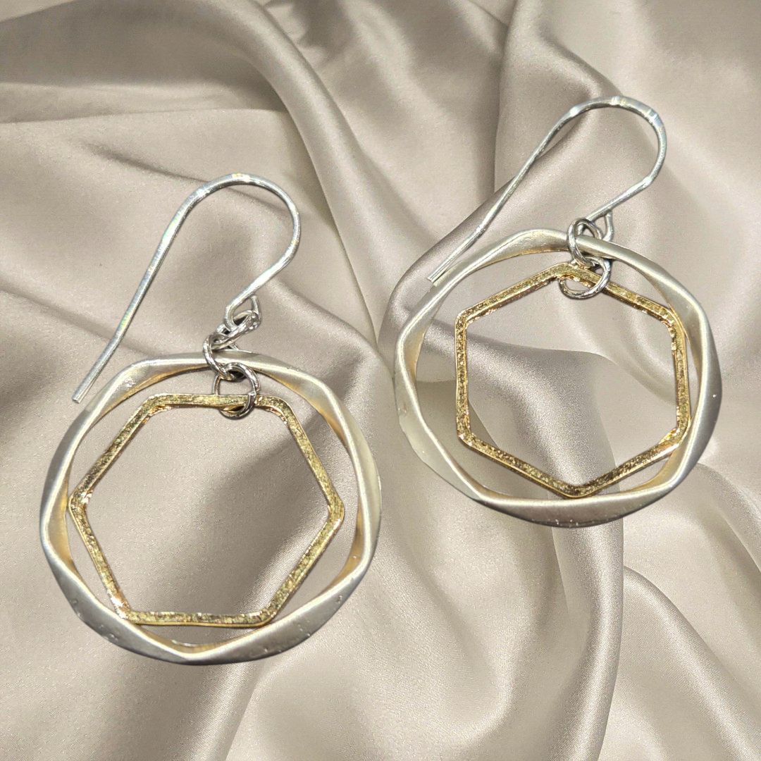 Tsay Earring Silver and Gold Hexagons on Surgical Ear Wire