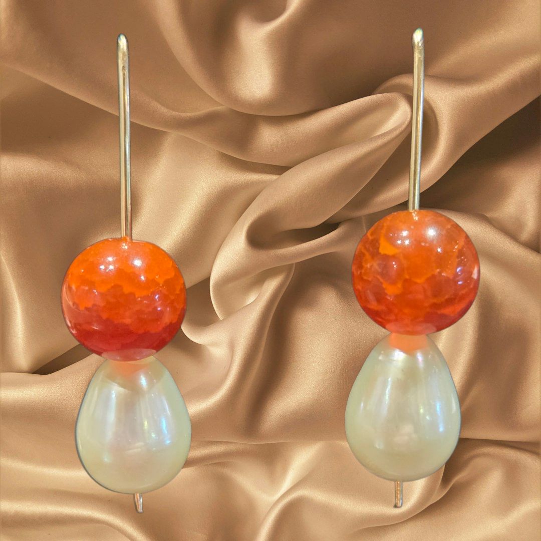 Tsay Earring Red Stone and Pearl Stack with Surgical Ear Wires