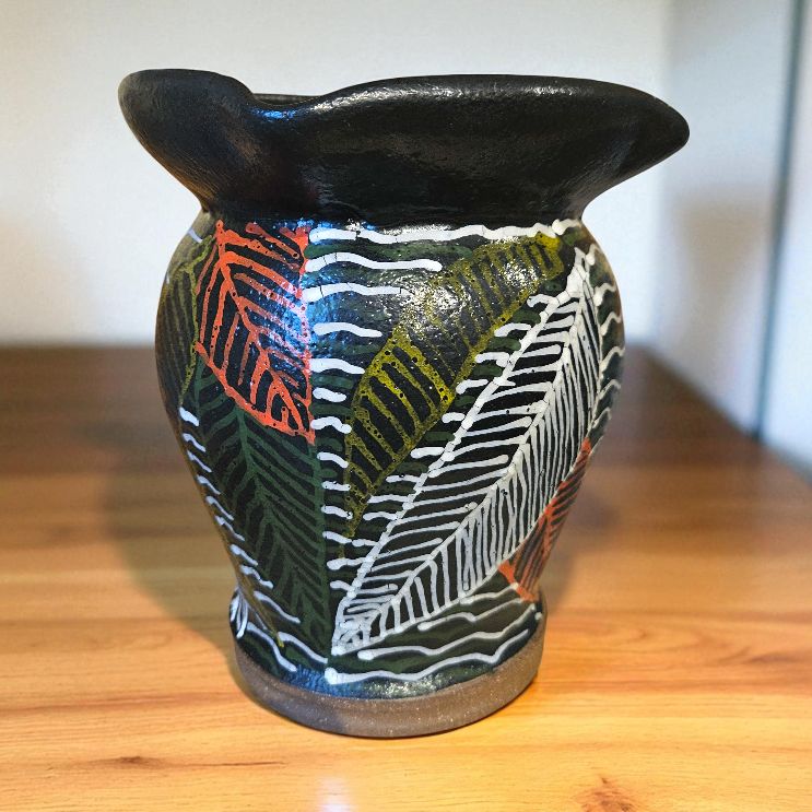 Okechukwu Vessel/Vase Large Fluted Rim Black with Leaves