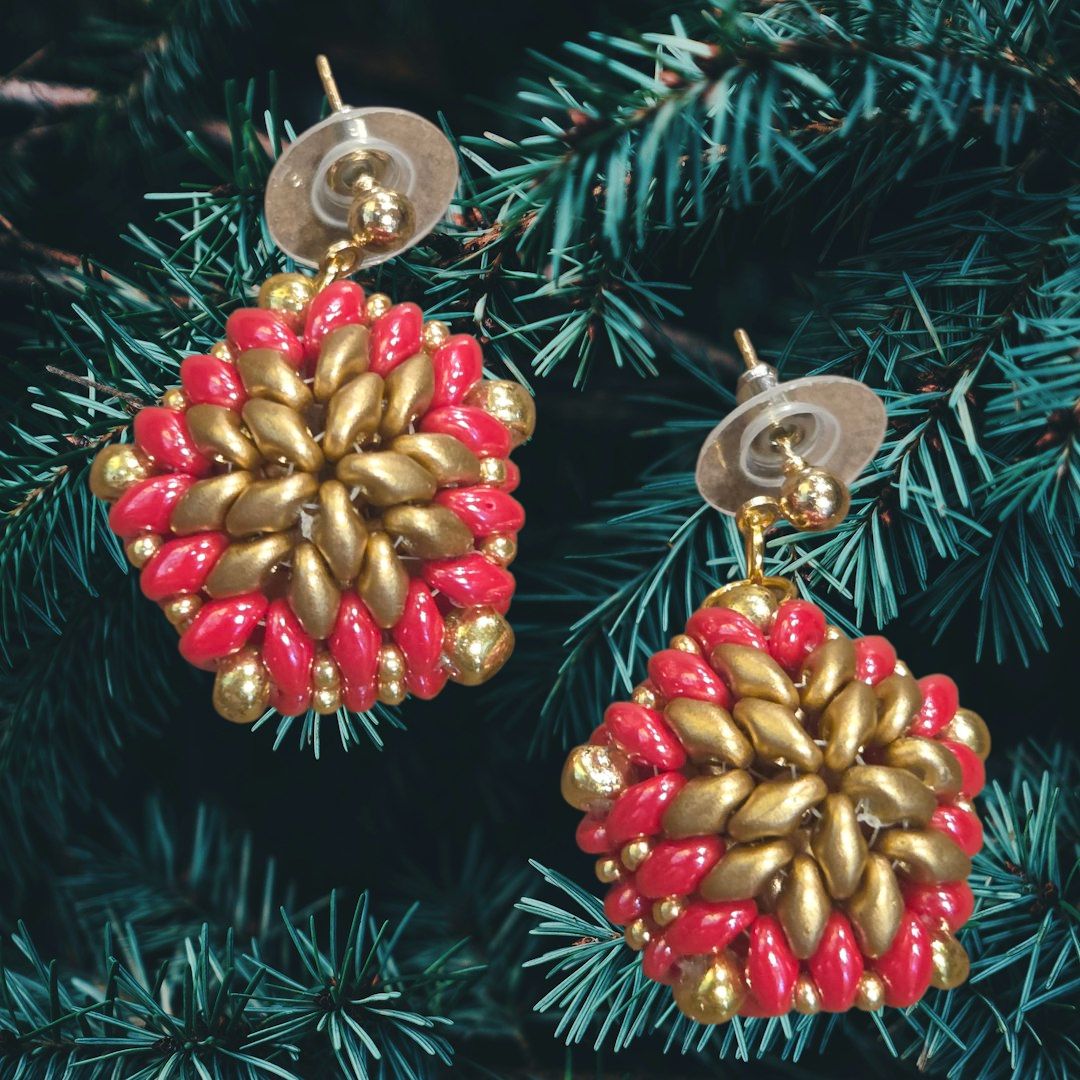 Boerman Earring Beaded Bauble Post Red and Gold