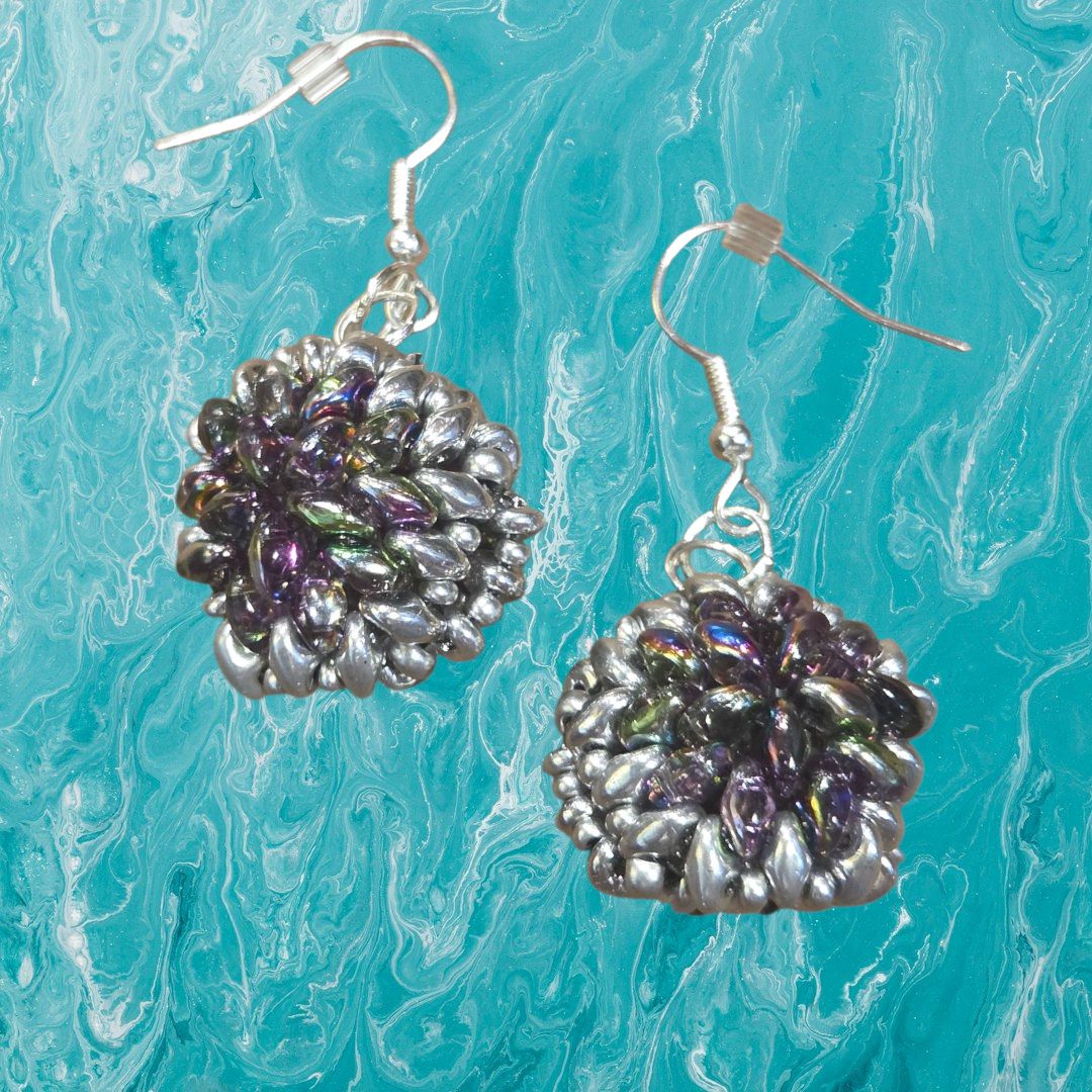 Boerman Earring Beaded Bauble Silver and Metallic Purple
