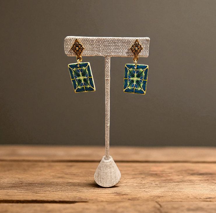 Most Earring Stud Dangles Polymer Clay Kaleidoscope Blue and Green