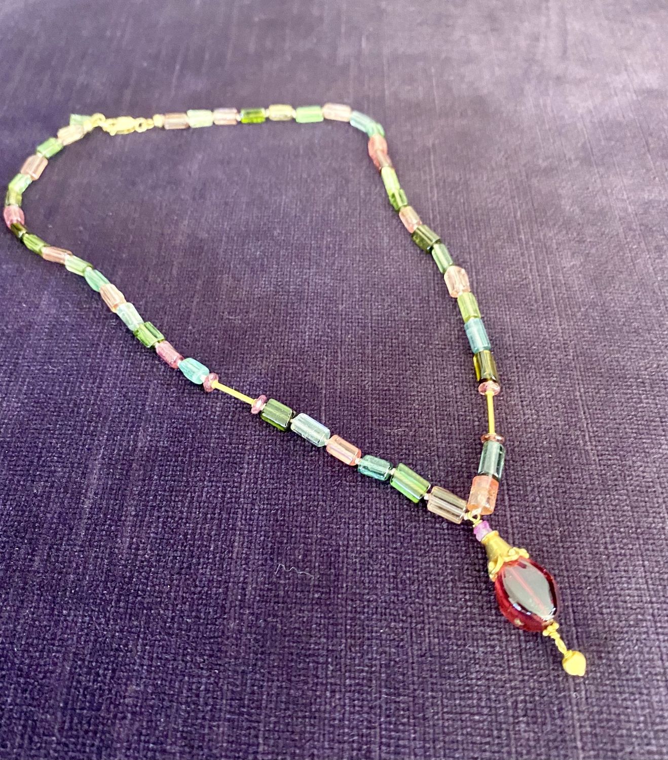 Stranded Necklace Multi Colored Tourmaline Tube and Tourmaline Pendant