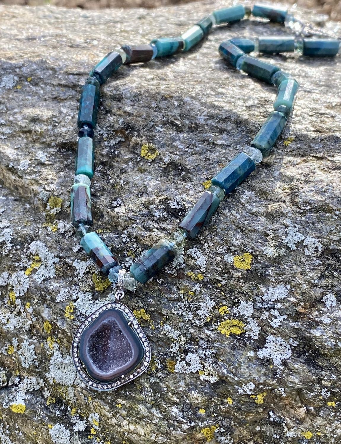 Stranded Necklace Chrysocolla Faceted Tubes Geod Pendant with Pave Diamonds