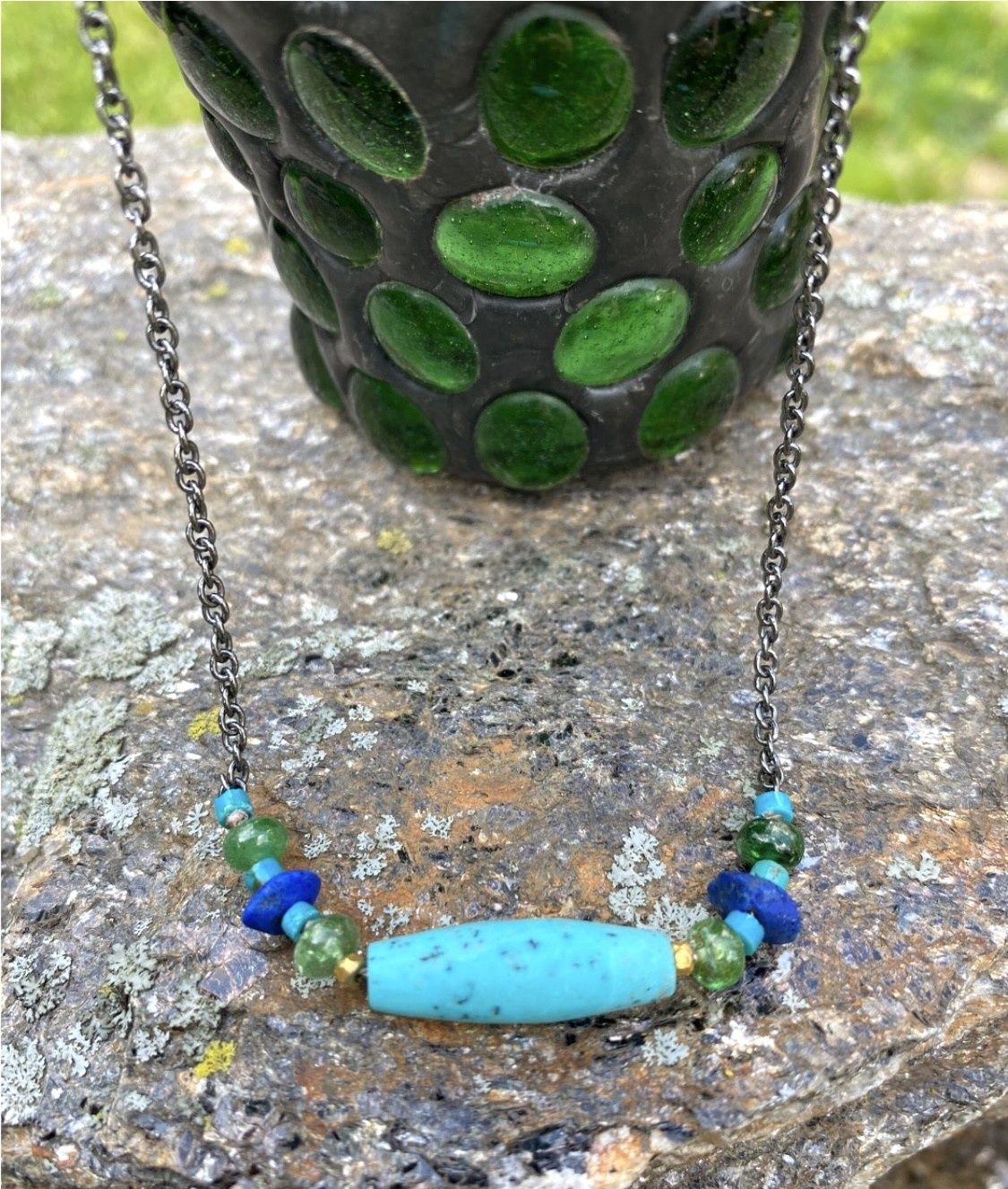 Stranded Necklace Turquoise Center Bead, Lapis on Oxidized Silver Chain