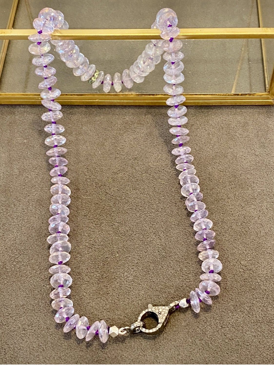 Stranded Necklace Pink Amethyst with Pave Diamond Clasp and Pave Peridot Roundel